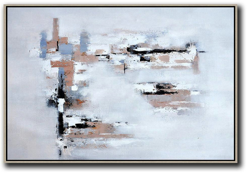 Hand Painted Abstract Art,Oversized Horizontal Contemporary Art,Modern Art Abstract Painting,White,Grey,Beige.Etc